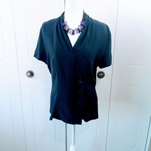 Escada Teal Short-Sleeve V-Neck Button Blouse